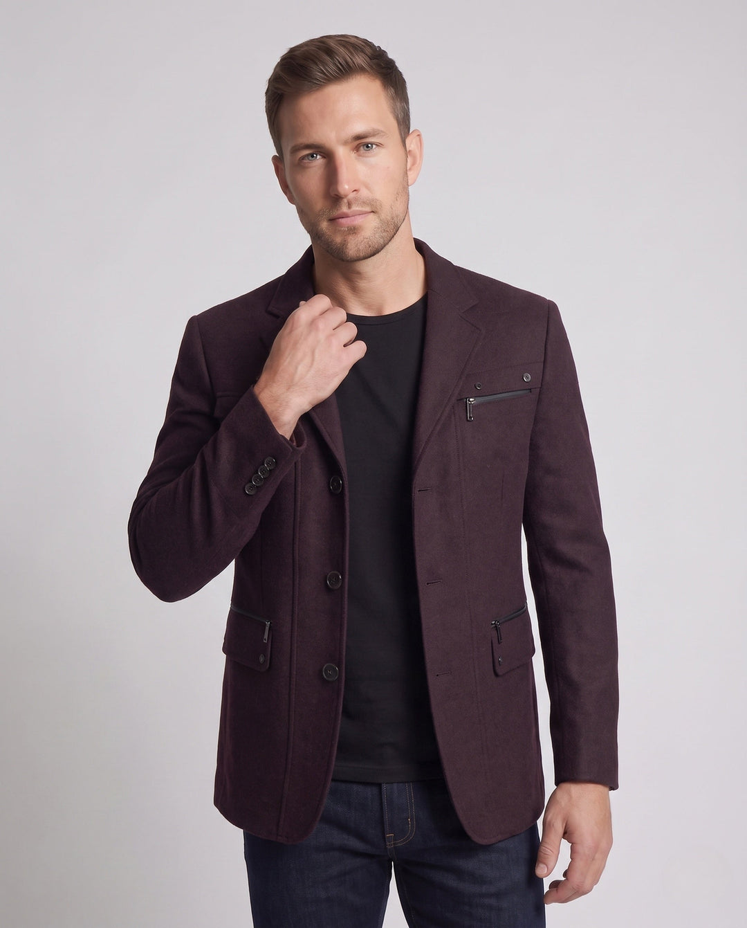 Eleganter Herren Sakko für urbanen Stil, mit funktionalem Reißverschluss, ideal für Business Casual.