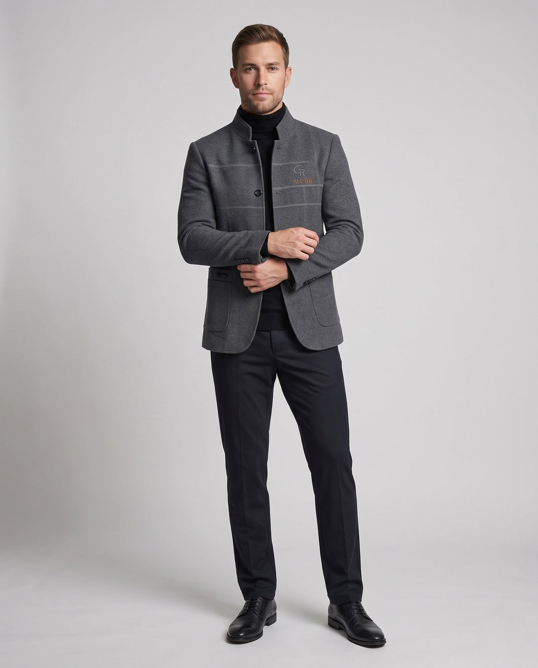 Eleganter Herren Stehkragen Blazer, Slim Fit, in Dunkelgrau für Business & Alltag, Herbstmode.