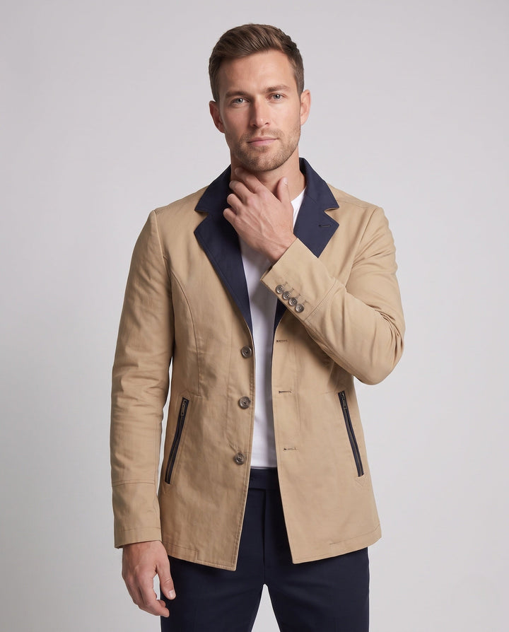 Moderne Herren-Übergangsjacke mit Kontrastkragen, Reißverschlusstaschen, perfekt für Herbst & Frühling.