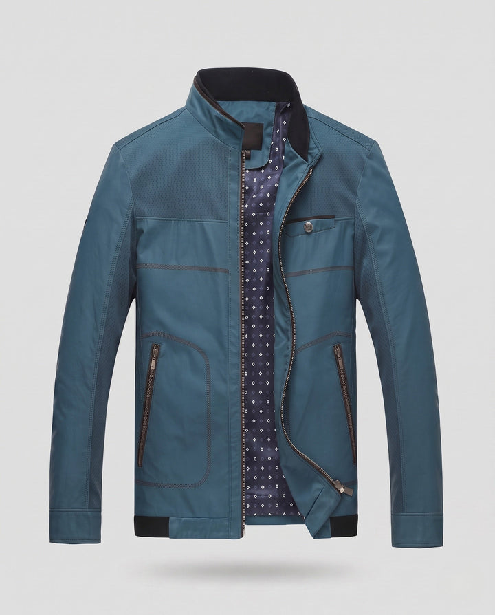 Moderne Herren Kunstleder-Jacke mit Stehkragen. Lässiger urbaner Stil, Reißverschluss-Design für Komfort und Funktionalität.
