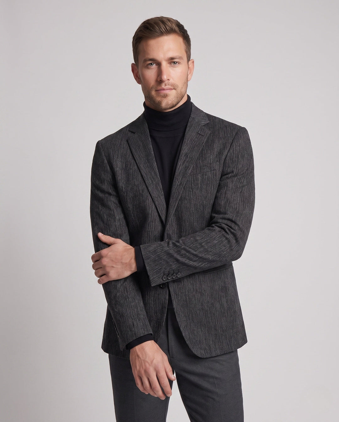 Moderner grauer Herren Stretch Blazer. Komfortabler Slim Fit Sakko, perfekt für Business & Smart Casual Outfits.