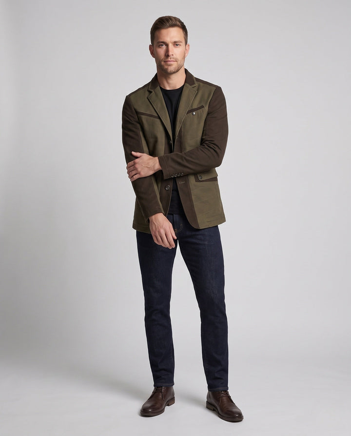 Herren Übergangsblazer mit stilvollen Kontrasten und gesteppter Textur, ideal für Business Casual.
