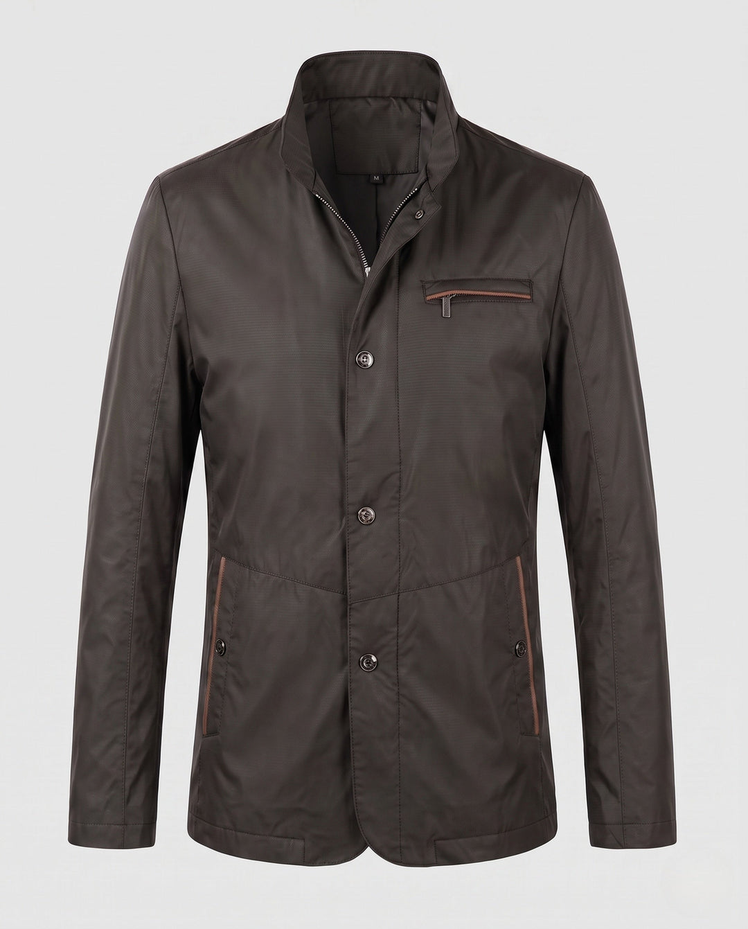 Stylische Herren Jacke mit Stehkragen und mehreren Reißverschlusstaschen. Ideal für elegante Frühling & Herbst Outfits.