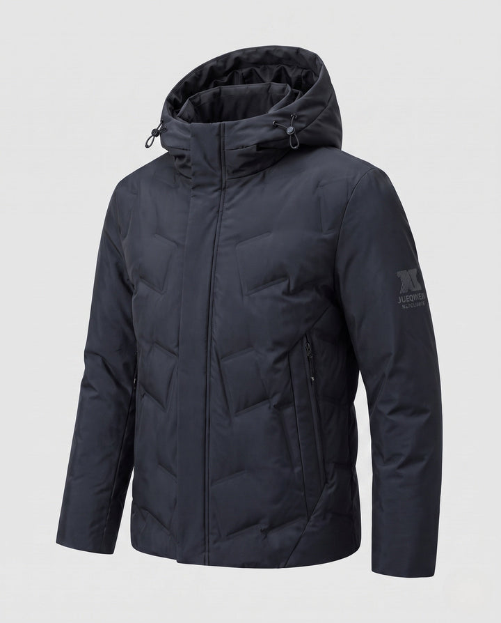 Robuste Herren-Daunenjacke, gesteppt, mit Kapuze. Wasserabweisend, leicht & warm für kalte Wintertage im Freien.