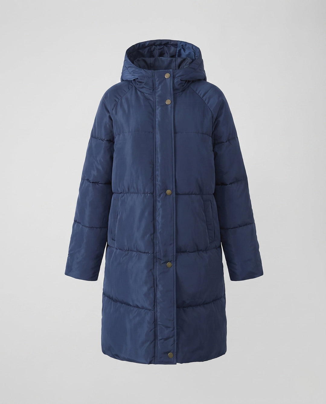 Moderner, langer Damen Steppmantel mit Kapuze; kombinierbar für urbanen Freizeit- oder eleganten Outdoor-Stil.
