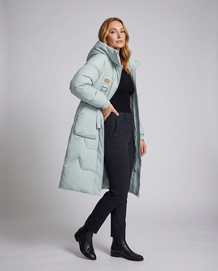 Damen lange Thermo Steppjacke mit Oversize Kapuze für warmen Kälteschutz im Winter.