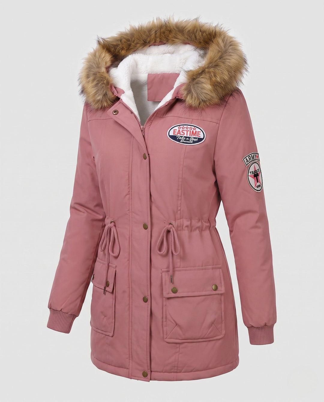 Damen Utility Winterparka, lang, warm gefüttert, mit Kapuze und Kunstpelz. Modische Herbstmode mit Kälteschutz.