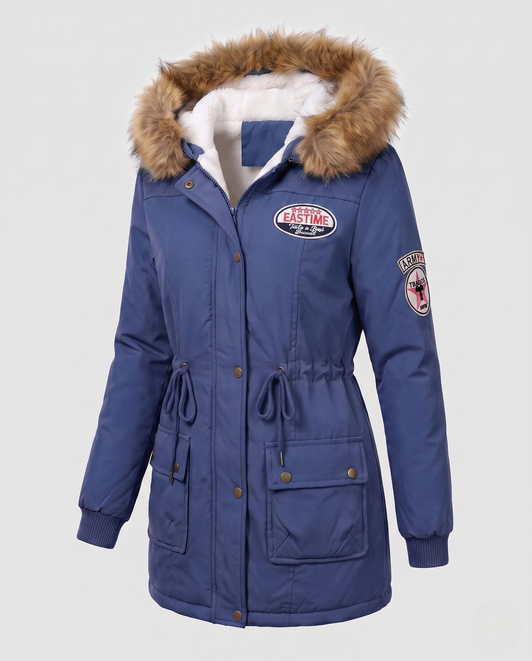 Lässiger Damen Utility Parka, warm gefüttert mit Kunstpelzkapuze. Wintermantel für urbane Styles & Kälteschutz.