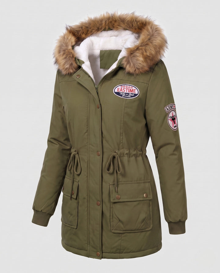 Damen Oberbekleidung: Utility Parka-Mantel, warm gefüttert, mit Kunstpelzkapuze. Kälteschutz für Freizeit urban.