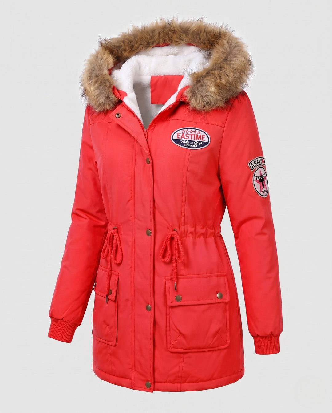 Warmer Damen Parka mit Kunstpelzkapuze. Gefütterter Wintermantel im Utility-Stil, tailliert für Herbst/Winter.