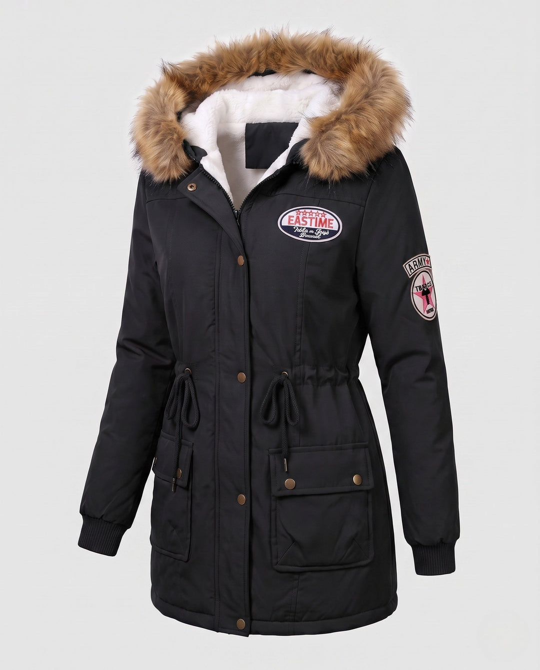Damen Parka-Mantel, warm gefüttert für den Winter, mit luxuriöser Kunstpelzkapuze. Robuste Oberbekleidung Freizeit.