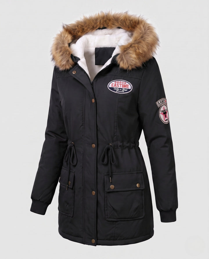 Damen Parka-Mantel, warm gefüttert für den Winter, mit luxuriöser Kunstpelzkapuze. Robuste Oberbekleidung Freizeit.