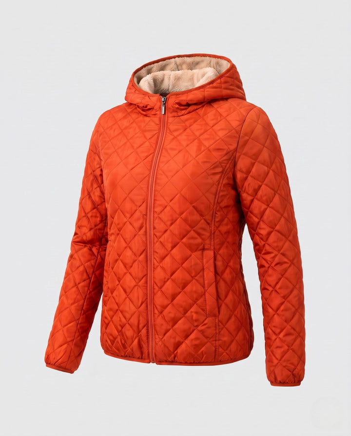Seitliche Ansicht der komfortablen Damen Steppjacke, leichte Übergangsjacke mit Reißverschluss.