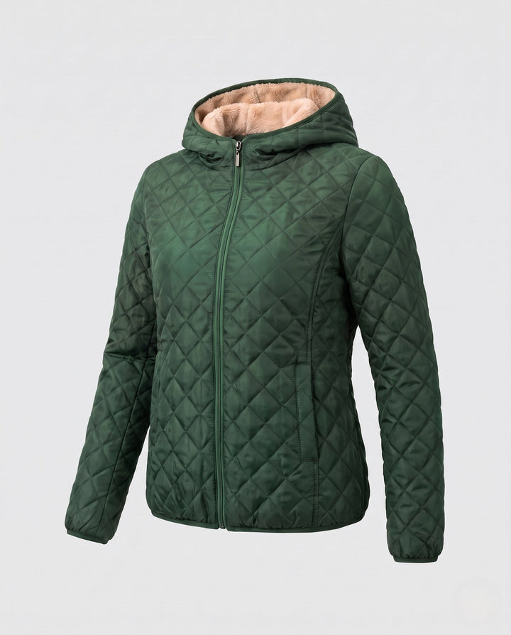 Warm gefütterte Damen Steppjacke mit Kapuze, kuscheliger Komfort für kalte Wintertage.