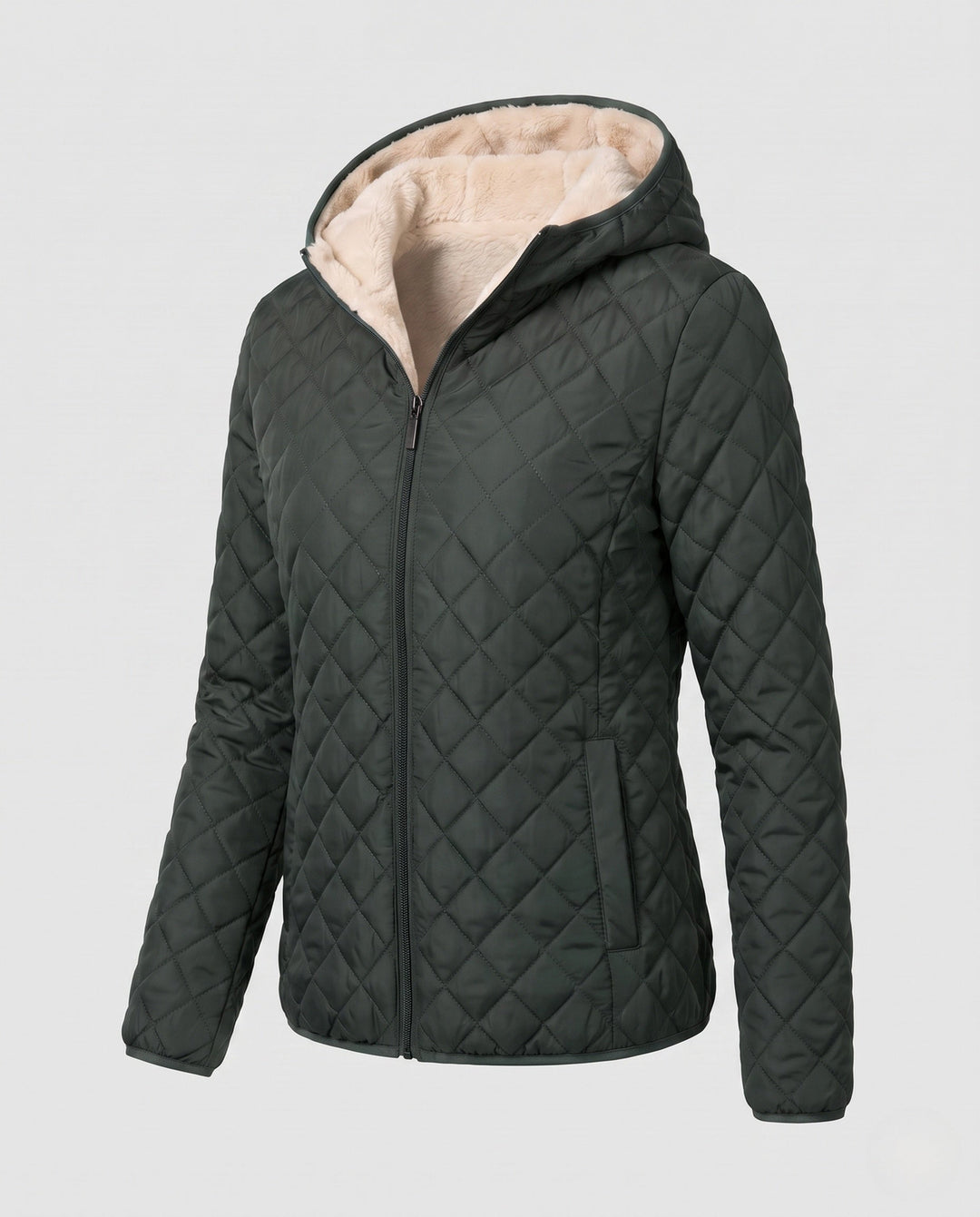 Rückenansicht: Leichte Damen Steppjacke mit Kapuze, gesteppt. Elegante Linienführung für eine schlanke Silhouette.