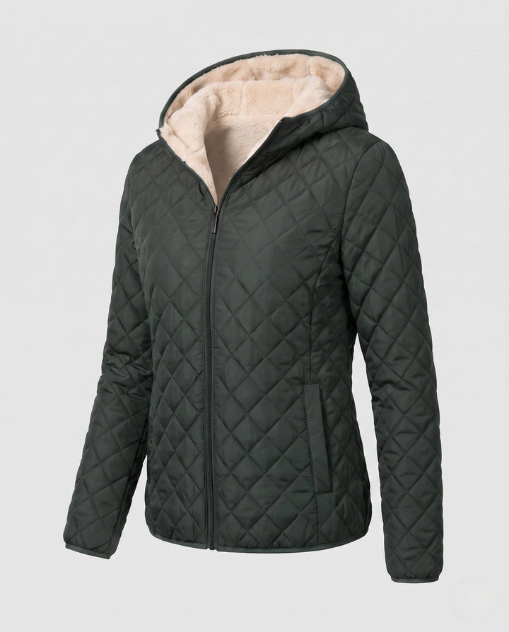 Rückenansicht: Leichte Damen Steppjacke mit Kapuze, gesteppt. Elegante Linienführung für eine schlanke Silhouette.