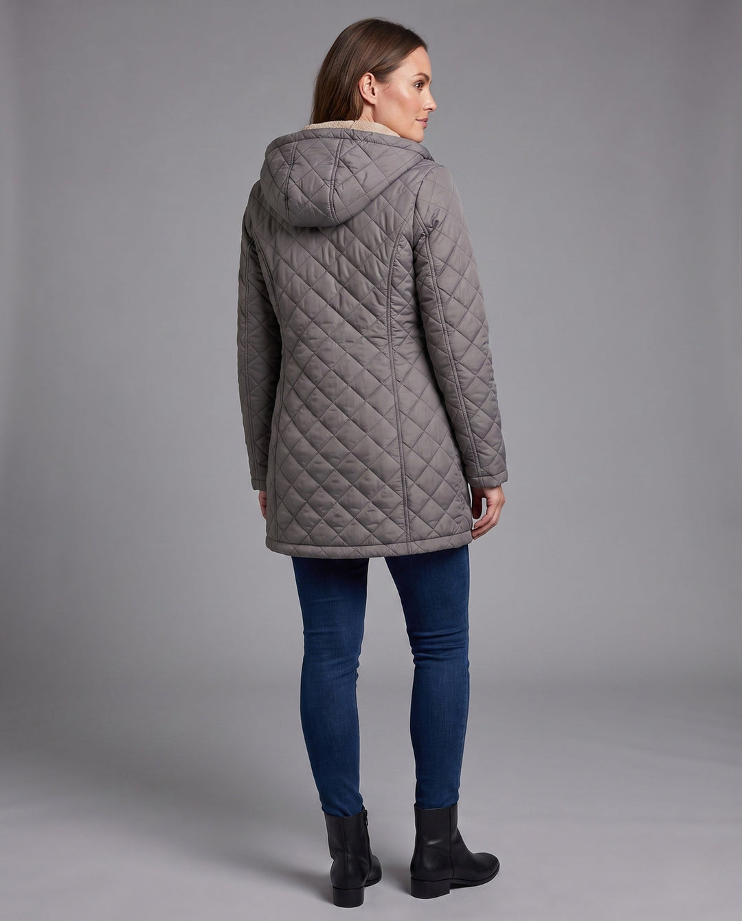 Gefütterter Damen Kapuzenmantel, langer Steppmantel, ideal als Übergangsjacke.