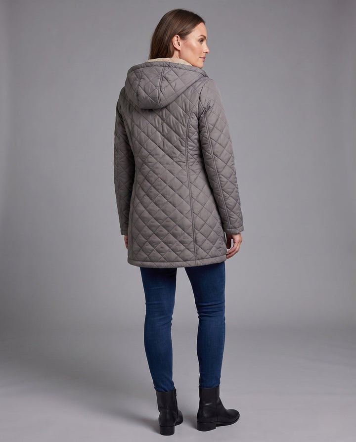 Gefütterter Damen Kapuzenmantel, langer Steppmantel, ideal als Übergangsjacke.