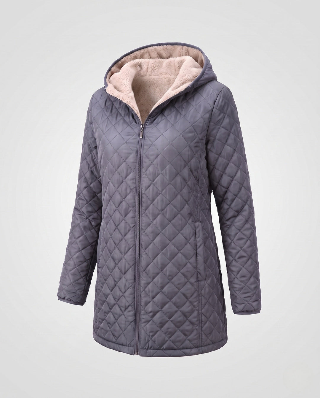 Damen Herbst-Winter-Mantel, gesteppt und warm, mit schützender Kapuze.