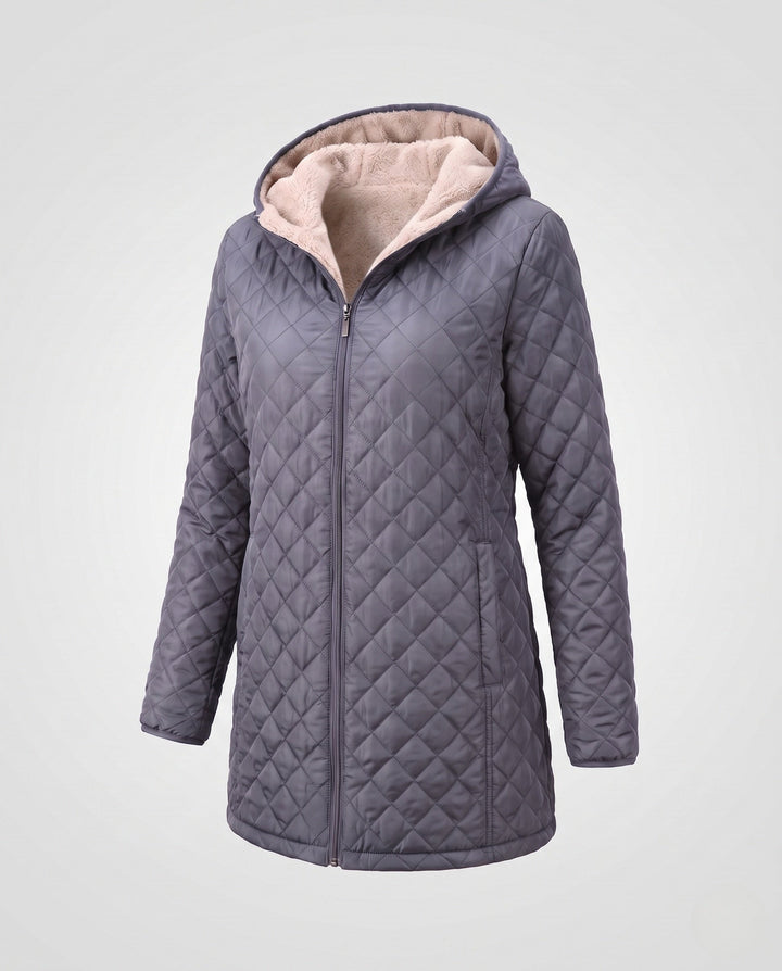 Damen Herbst-Winter-Mantel, gesteppt und warm, mit schützender Kapuze.