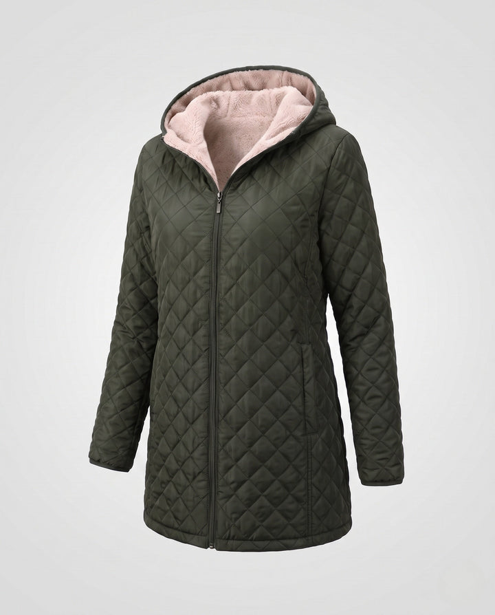 Langer Damen Steppmantel, dick gefüttert, mit Kapuze. Perfekter Wintermantel für Damen.