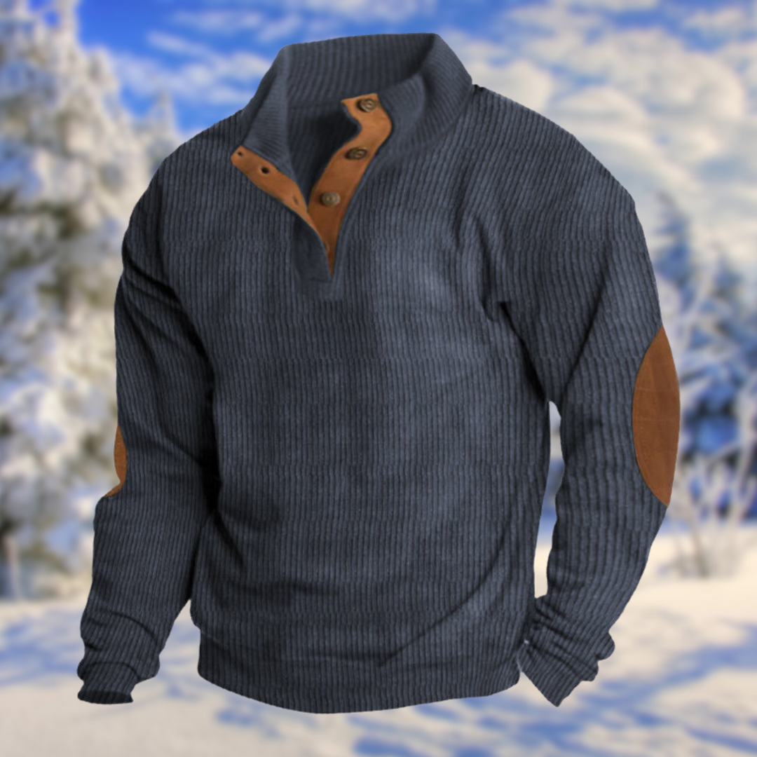 Stilvoller Herren Strickpullover in Casual-Optik, mit Stehkragen und Knopfleiste für kalte Tage.