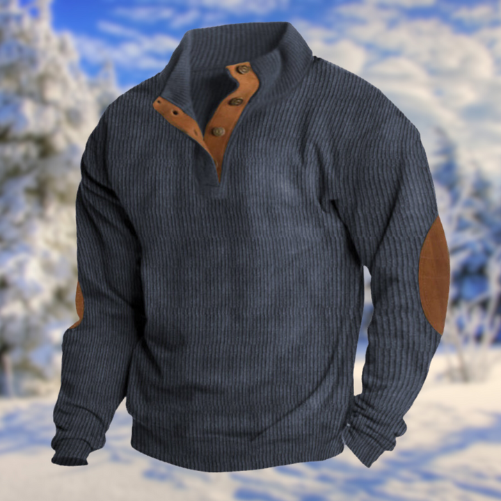 Stilvoller Herren Strickpullover in Casual-Optik, mit Stehkragen und Knopfleiste für kalte Tage.