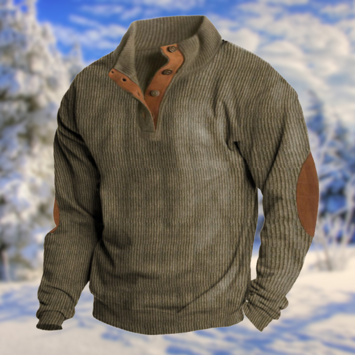 Bequemer und warmer Herren Pullover für die Freizeit, mit modischer Knopfleiste und Ellenbogen-Patches.