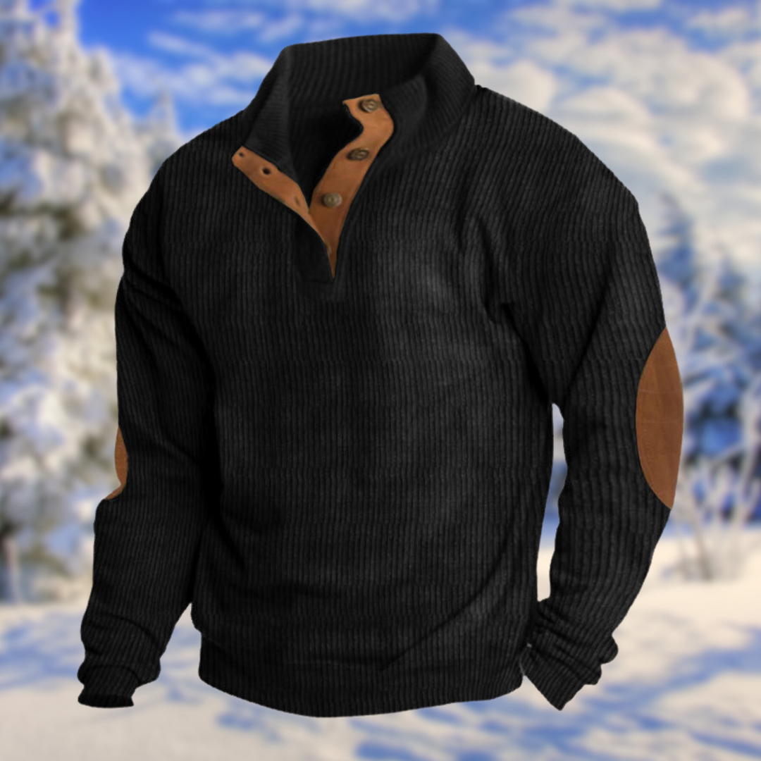 Hochwertiger Herren Pullover für den Casual-Look, sehr warm, mit Knopfleiste und robusten Ellenbogen-Patches.