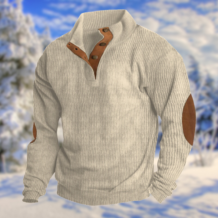 Warmer Herren Strickpullover mit Knopfleiste und stilvollen Ellenbogen-Patches für Freizeit und Casual-Looks.