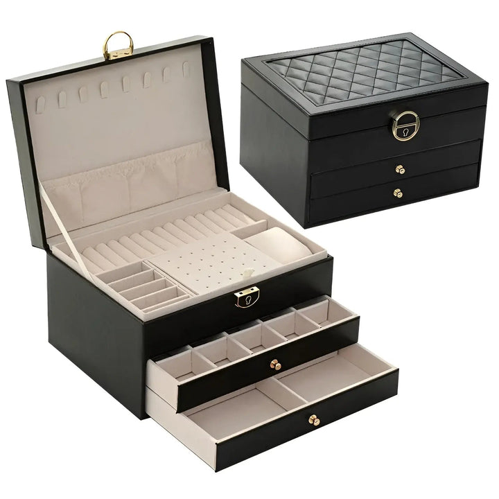 Praktische Schmuckbox mit mehreren Ebenen für Ringe, Ketten und Armbänder; optimale Schmuckorganisation.
