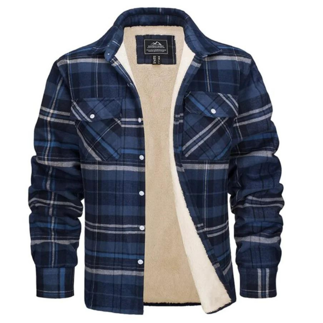 Detaillierte Textur der flauschigen Fleece-Fütterung in der warmen Unisex Karomuster-Freizeitjacke.