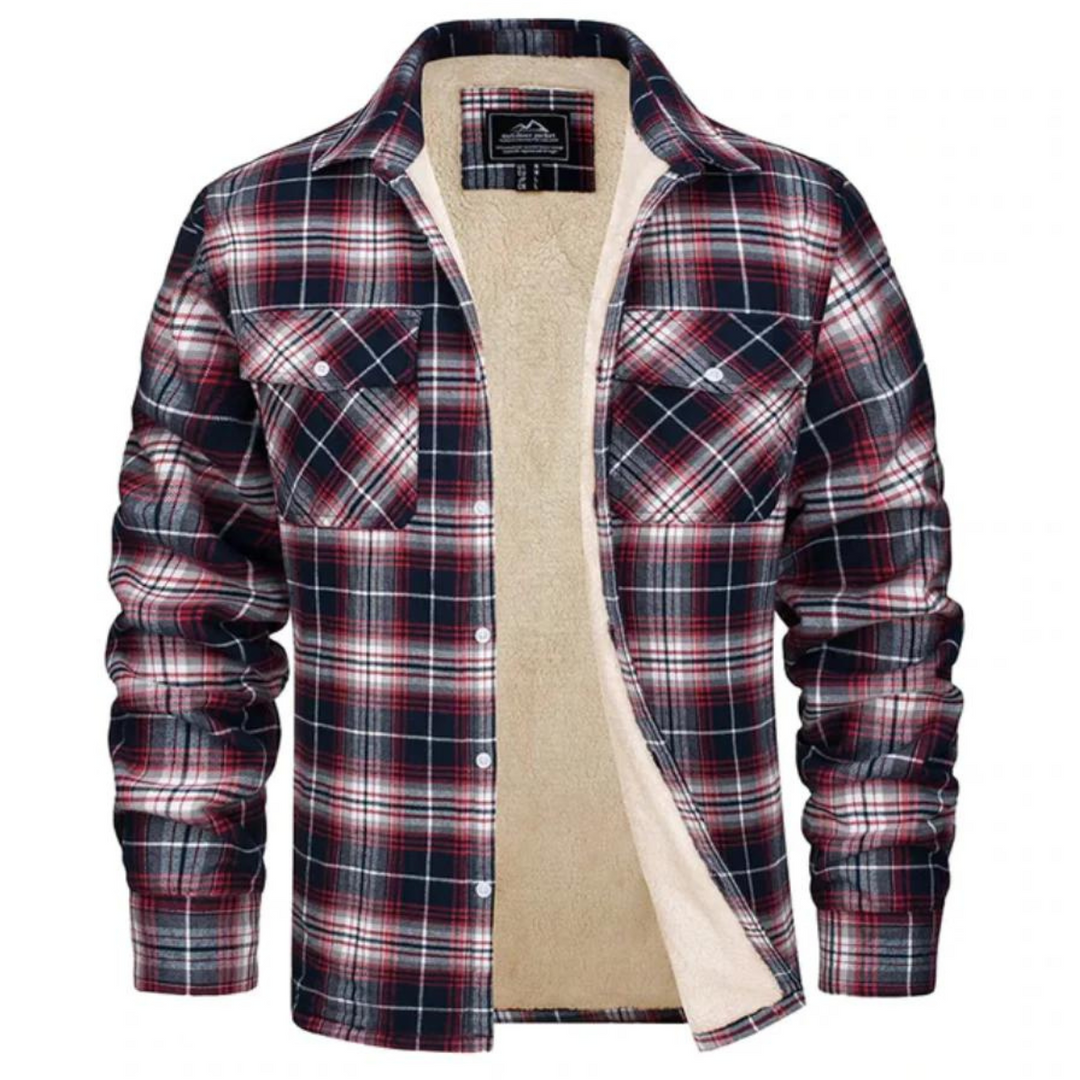Ganze Ansicht der Unisex Karo-Fleecejacke, ideal für Outdoor-Aktivitäten an kühlen bis kalten Tagen.