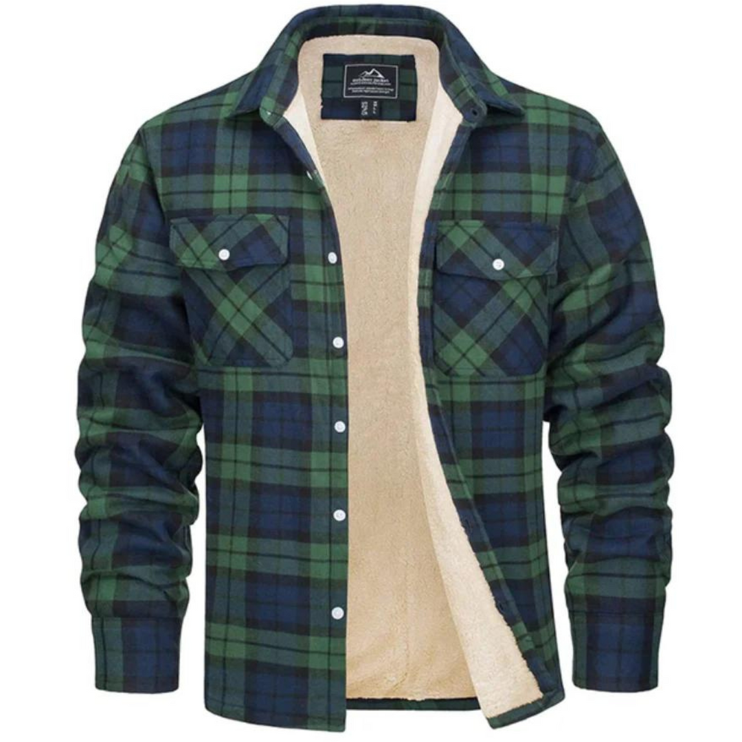 Detailansicht der warmen Unisex Fleecejacke mit Karomuster, perfekt als stylische Übergangsjacke.