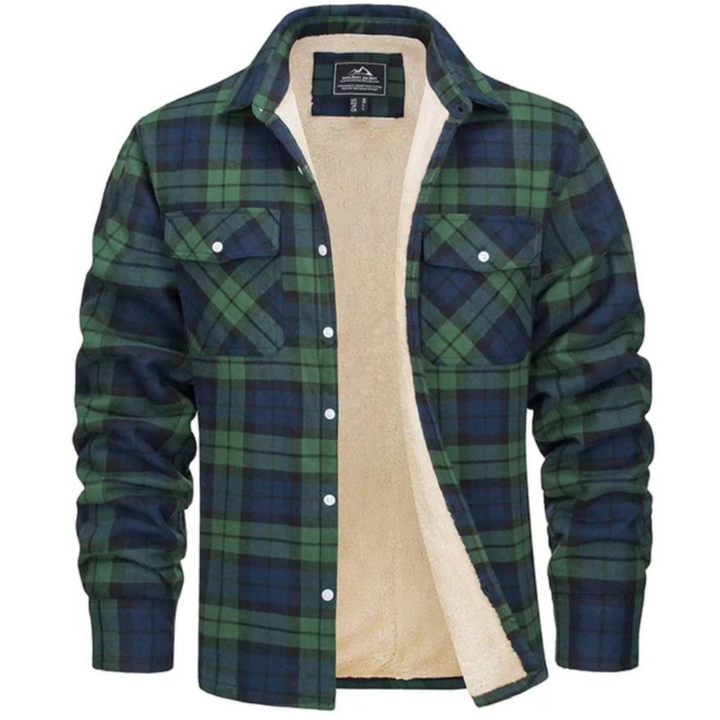 Detailansicht der warmen Unisex Fleecejacke mit Karomuster, perfekt als stylische Übergangsjacke.