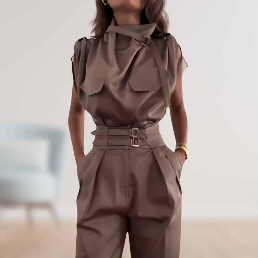 Elegante Damenhose des zweiteiligen Sets, mit Taillengürtel kombiniert, ideal für Business & Freizeit.