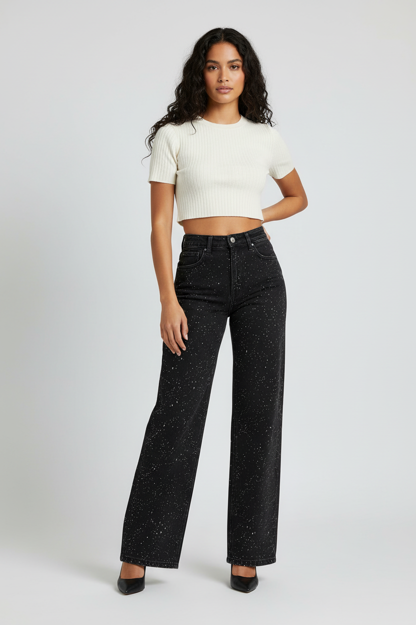 Moderne Damen High Waist Straight Leg Jeans mit Glitzer. Lässige Passform und trendiger Vintage-Stil.