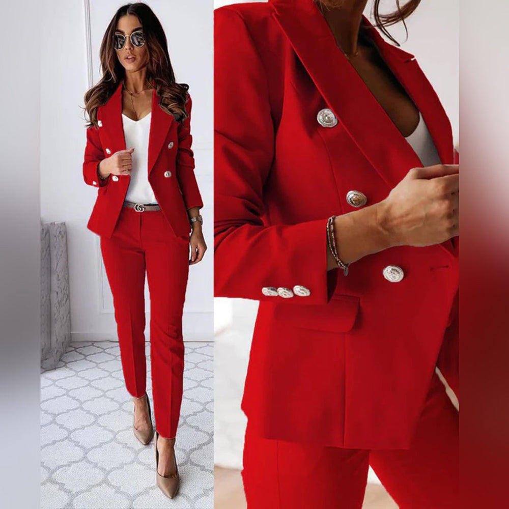 Vielseitiger Damen Hosenanzug mit Blazer in Rot. Moderner Zweiteiler für Business, Büro und elegante Anlässe.