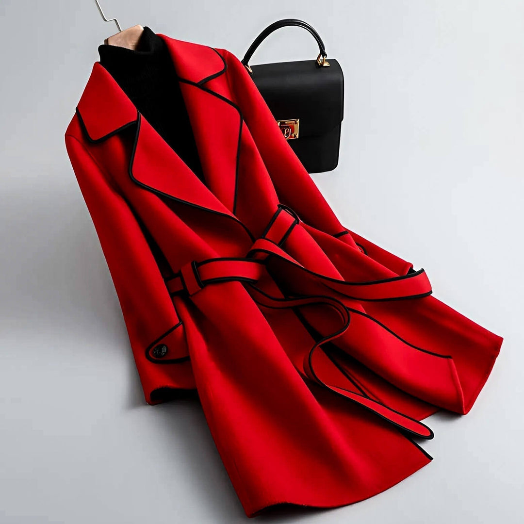 Moderner Damen A-Linien Mantel, ideal für Herbst & Frühling. Elegante Kontrastdetails & Taillengürtel betonen die Taille.