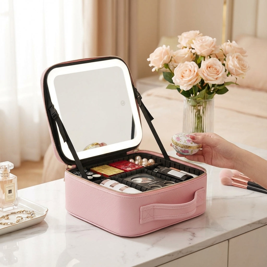 Tragbare Damen Reise-Make-up-Station mit hellem LED-Spiegel & anpassbaren Fächern. Perfekt für Beauty unterwegs.