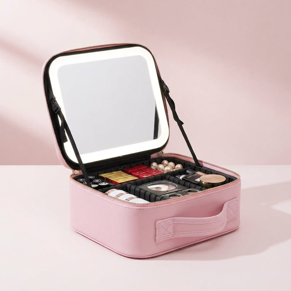Geschlossene tragbare Make-up-Station (schwarz). Robuster Beauty-Case für sicheren Transport Ihrer Kosmetik.