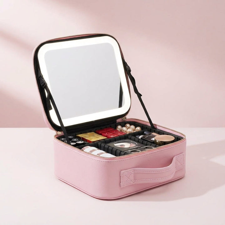 Geschlossene tragbare Make-up-Station (schwarz). Robuster Beauty-Case für sicheren Transport Ihrer Kosmetik.