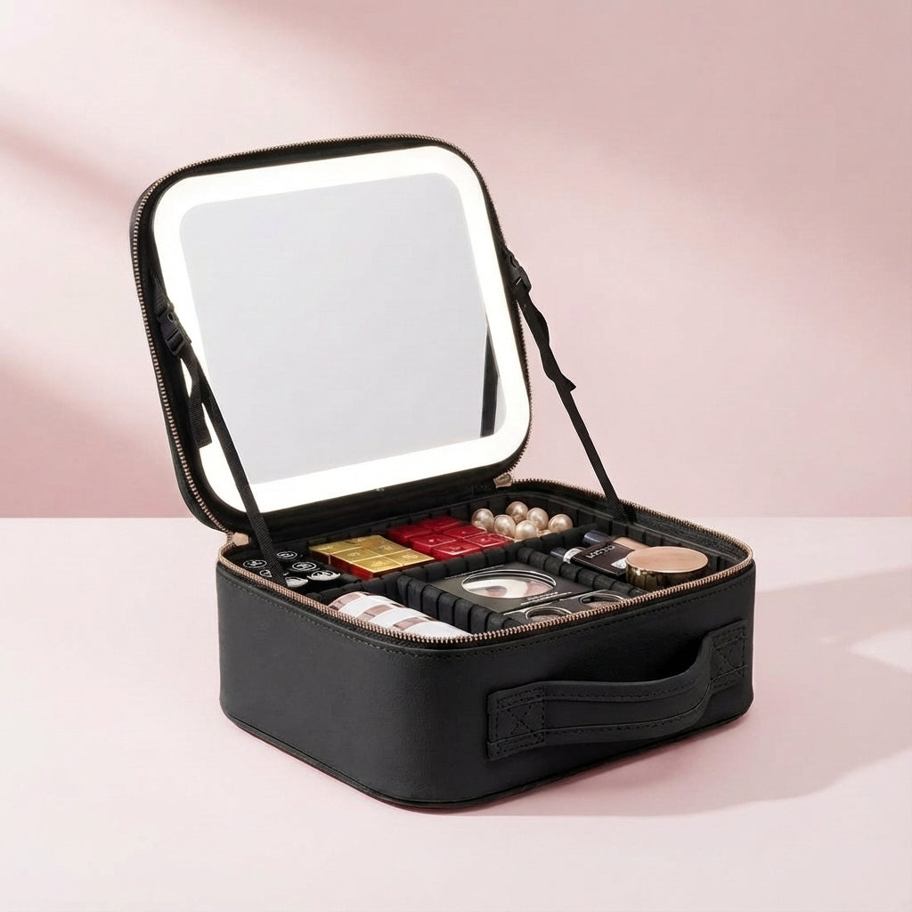 Vielseitige Make-up-Station mit anpassbaren Fächern & LED-Spiegel. Hält Ihre Schminkutensilien immer organisiert.