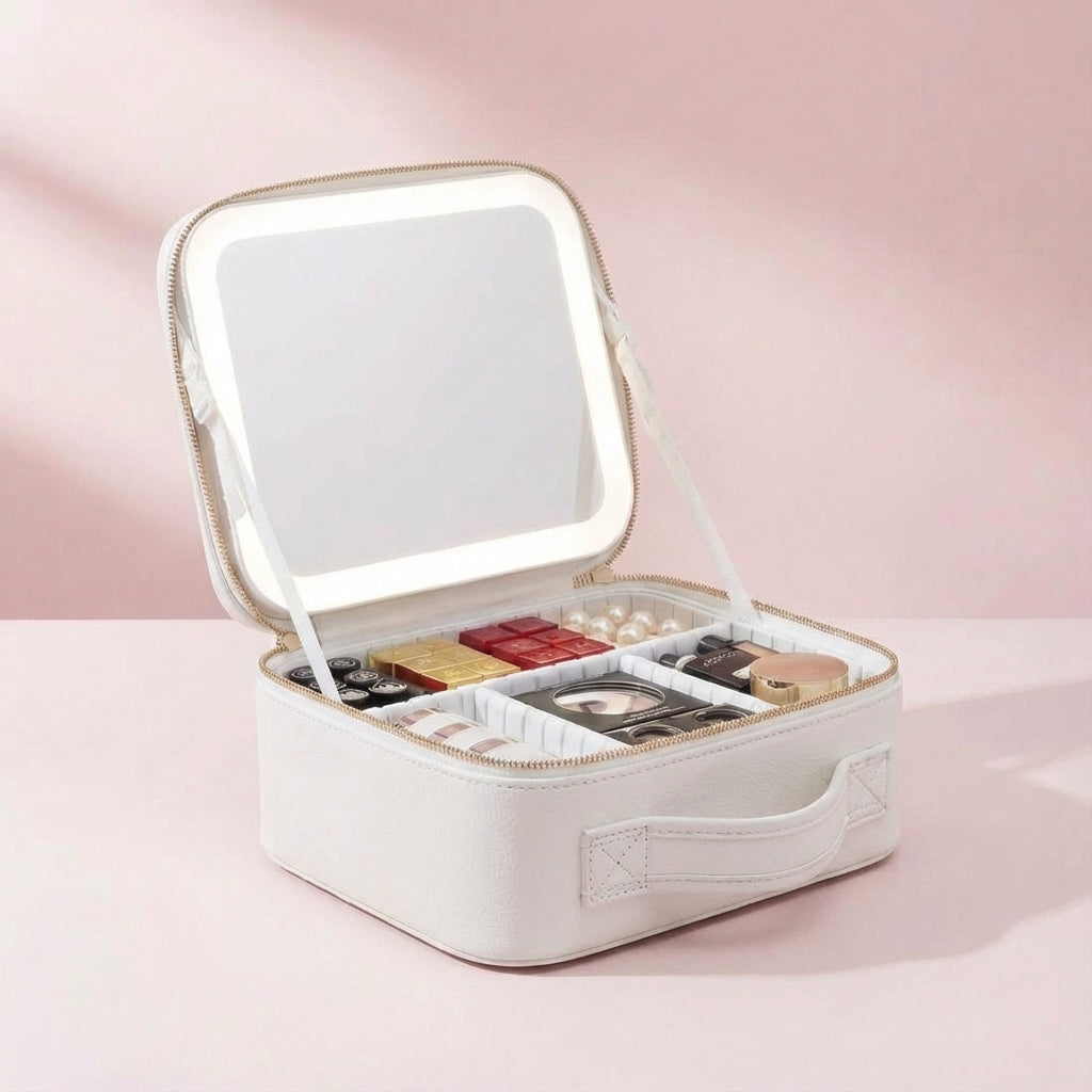 Damen Reise-Make-up-Station (weiß) mit LED-Spiegel, gefüllt mit Kosmetik. Zeigt Schminklicht & geöffnete Fächer.