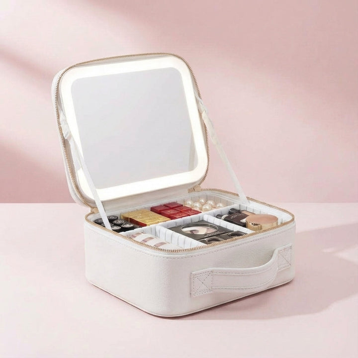 Damen Reise-Make-up-Station (weiß) mit LED-Spiegel, gefüllt mit Kosmetik. Zeigt Schminklicht & geöffnete Fächer.