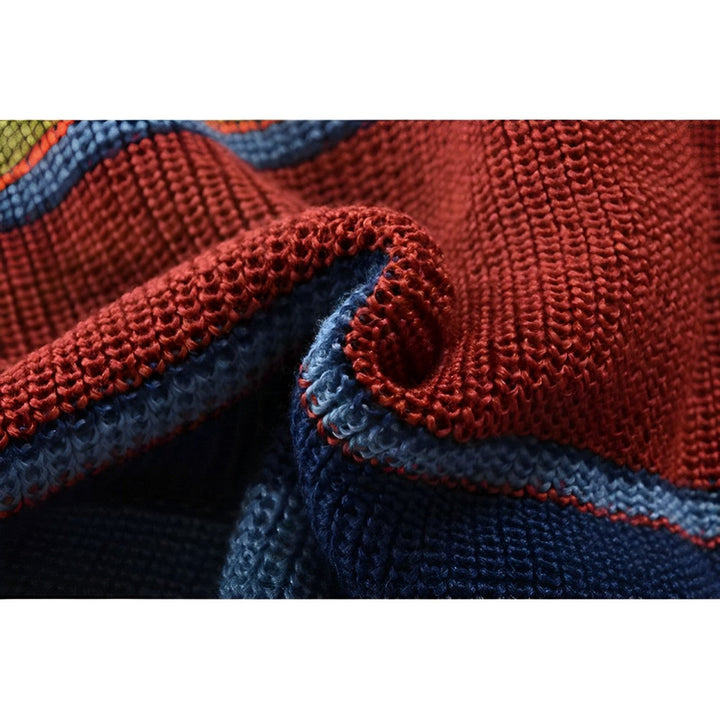 Auffälliger Herren Retro-Cardigan mit kräftigem Streifen-Statement, locker geschnitten für moderne Freizeitoutfits.