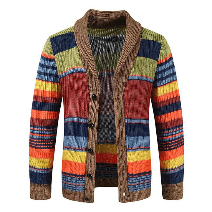 Herren Retro-Cardigan mit kräftigem Streifenmuster, Schalkragen und entspannter Passform für lässige Freizeitmode.