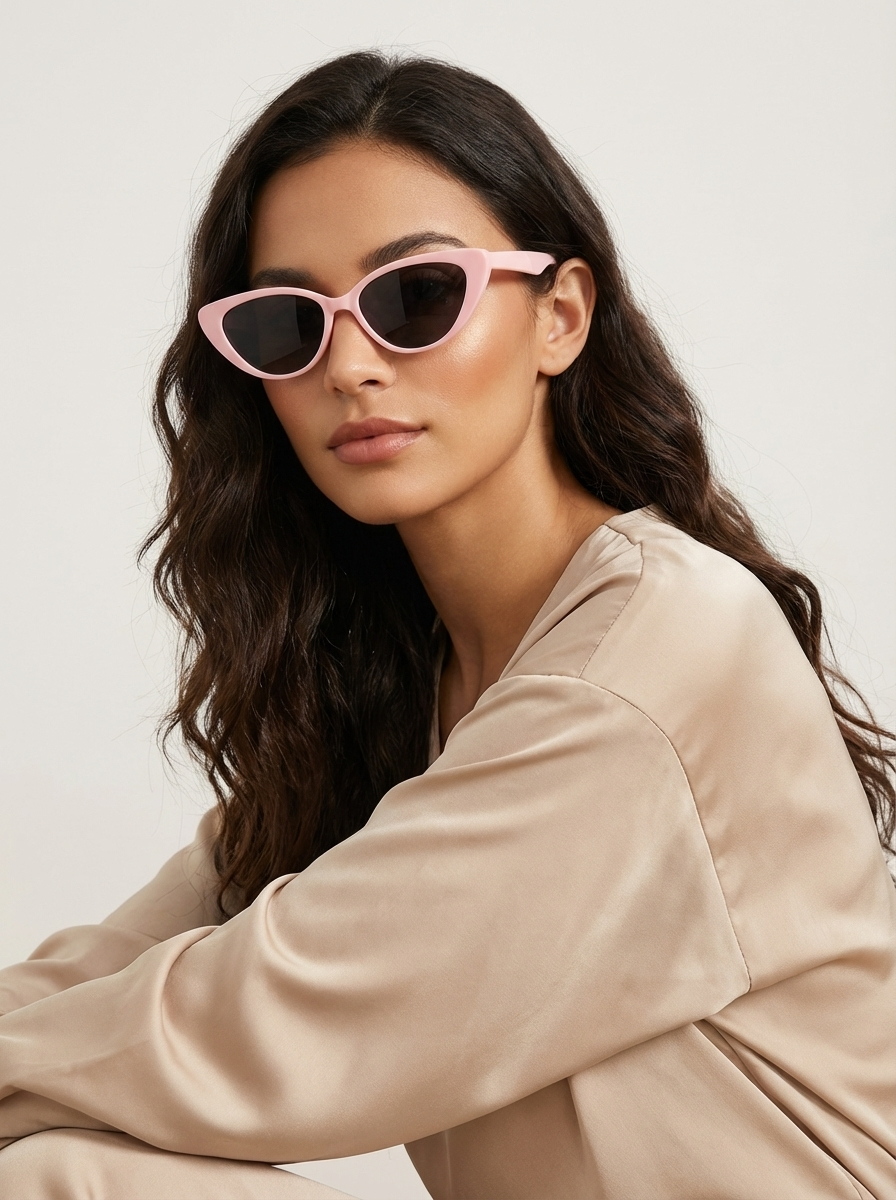 Frau trägt leichte Retro Cat-Eye Sonnenbrille mit UV-Schutz. Modisches Accessoire für Damen.