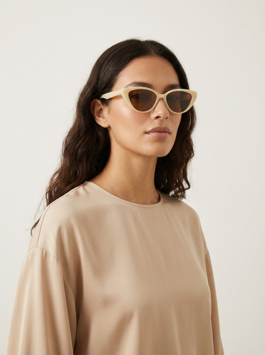 Nahaufnahme einer stilvollen Cat-Eye Sonnenbrille für Damen, leichtes Vintage-Gestell.