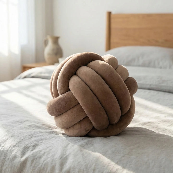 Rundes Knotenkissen, weich & dekorativ für Sofa oder Bett. Samtiges Dekokissen, handgemacht. Gemütliches Wohnaccessoire.
